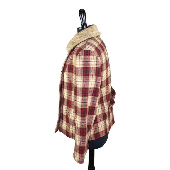 Giacca Plaid Wool Blend Jacket Faux Fur Collar Chore Coat Barn Cabin L - Picture 2 of 5